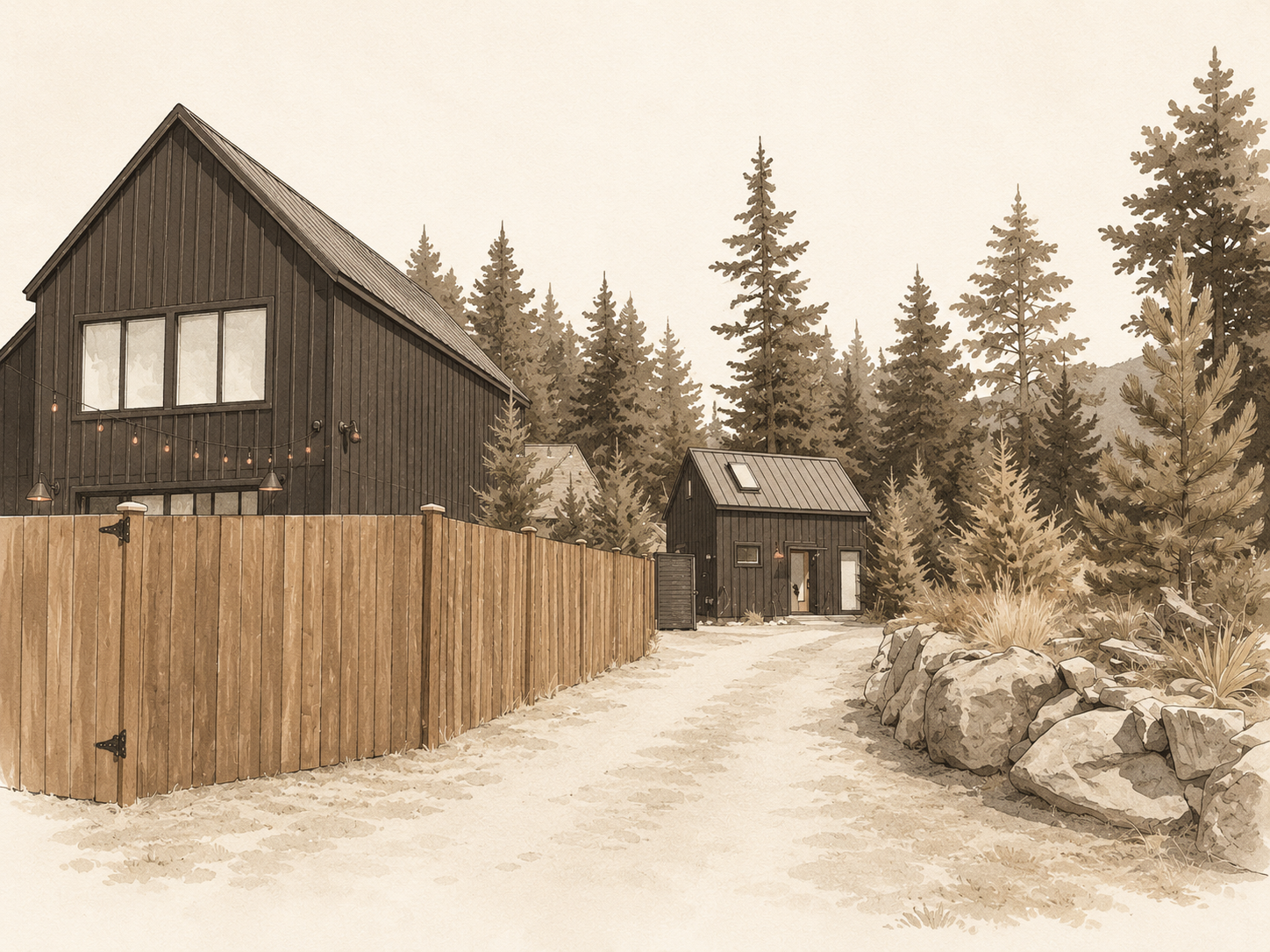 Overhead or wide shot showing Camp Alpine + Camp Alta with the gated fence between them