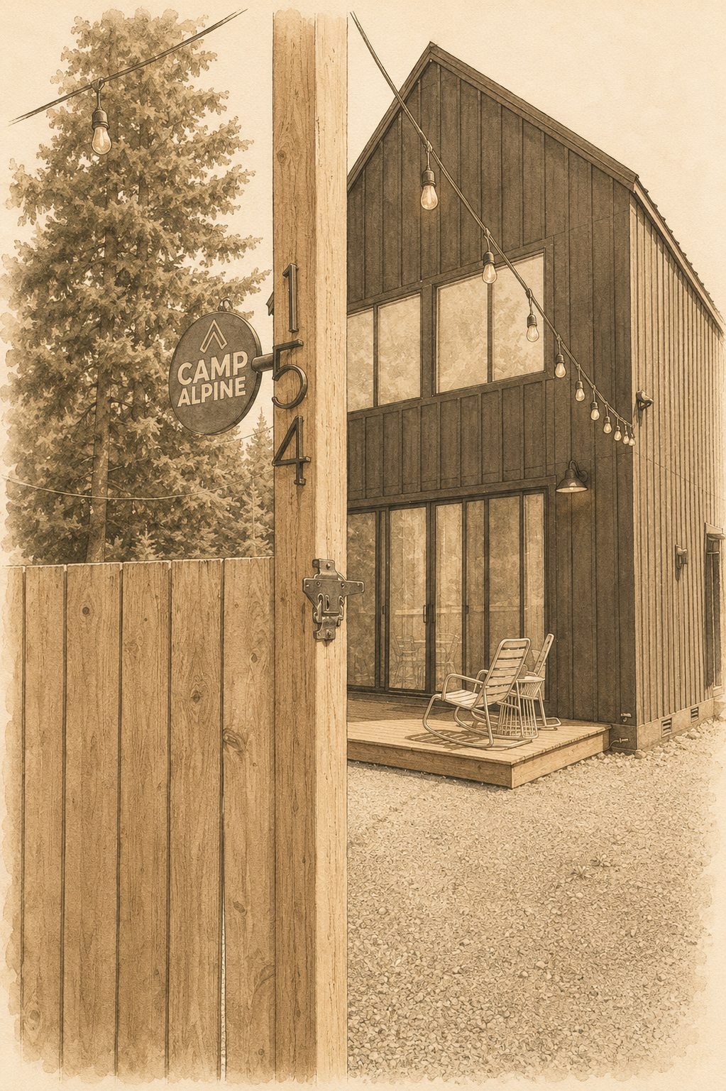 Camp Alpine viewed from the entry, with the sign visible
