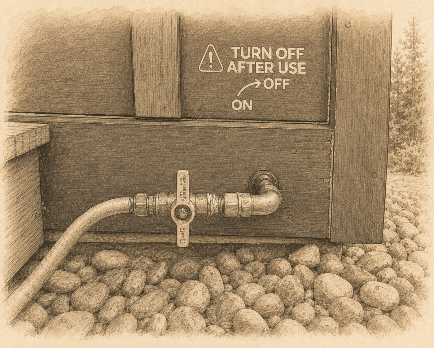 The Camp Alpine fire pit — showing the yellow house valve and the small key