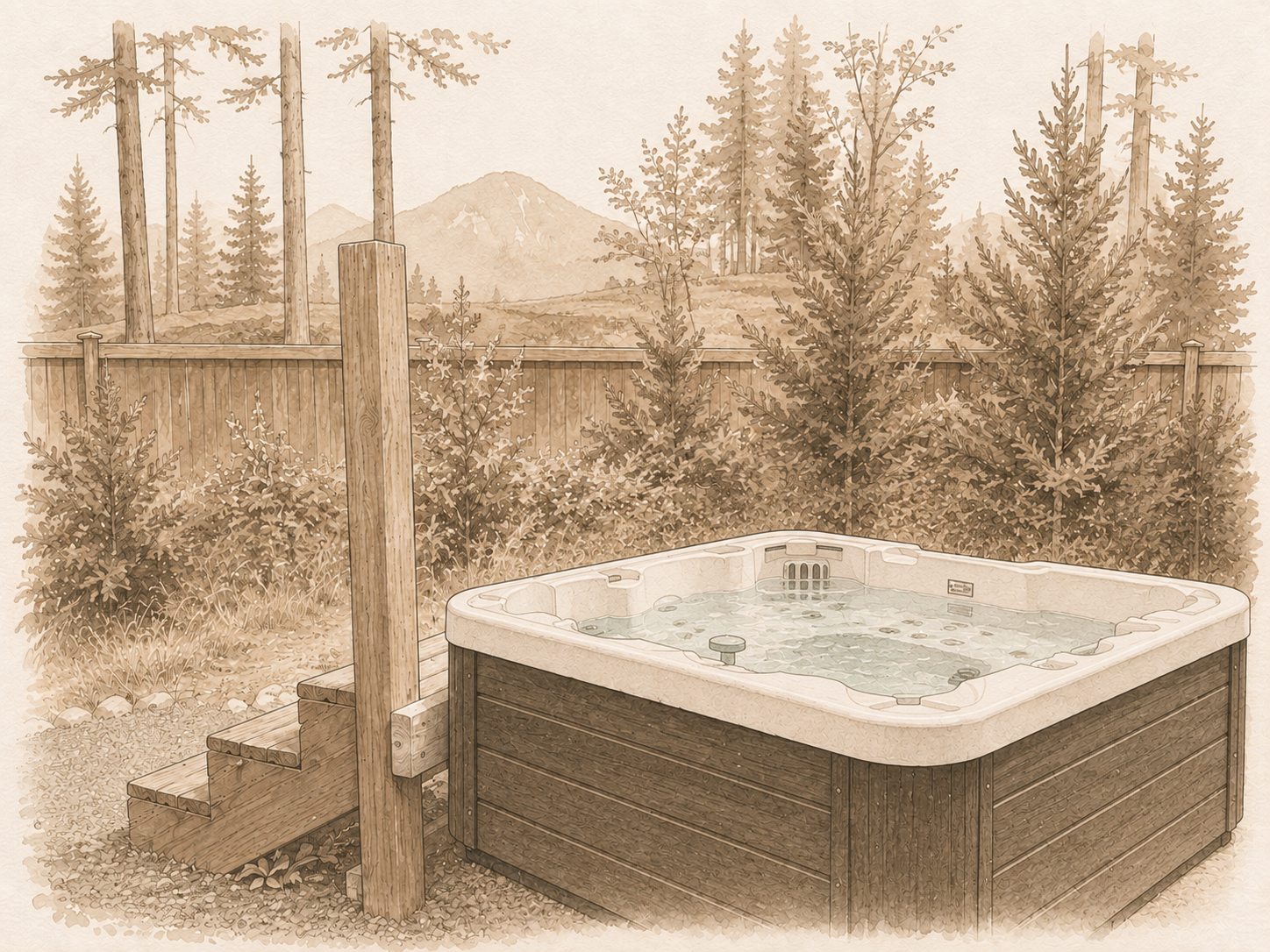 Hot tub off the back deck at Camp Alpine — steam rising at dusk