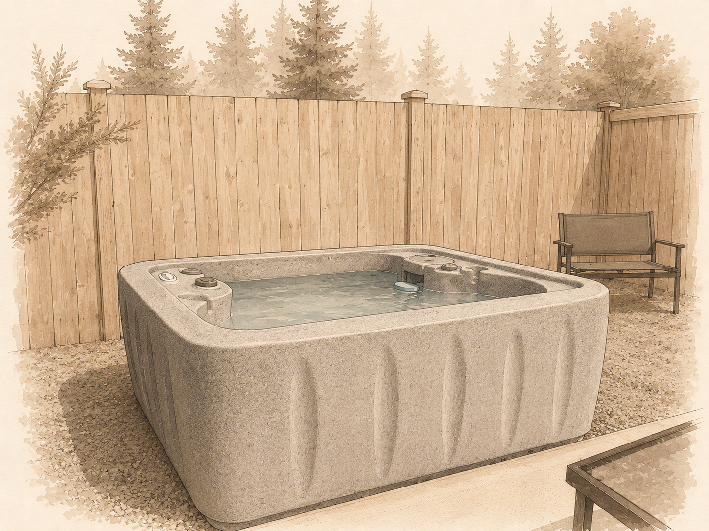 Hot tub off the back deck at Camp Alta — steam rising at dusk