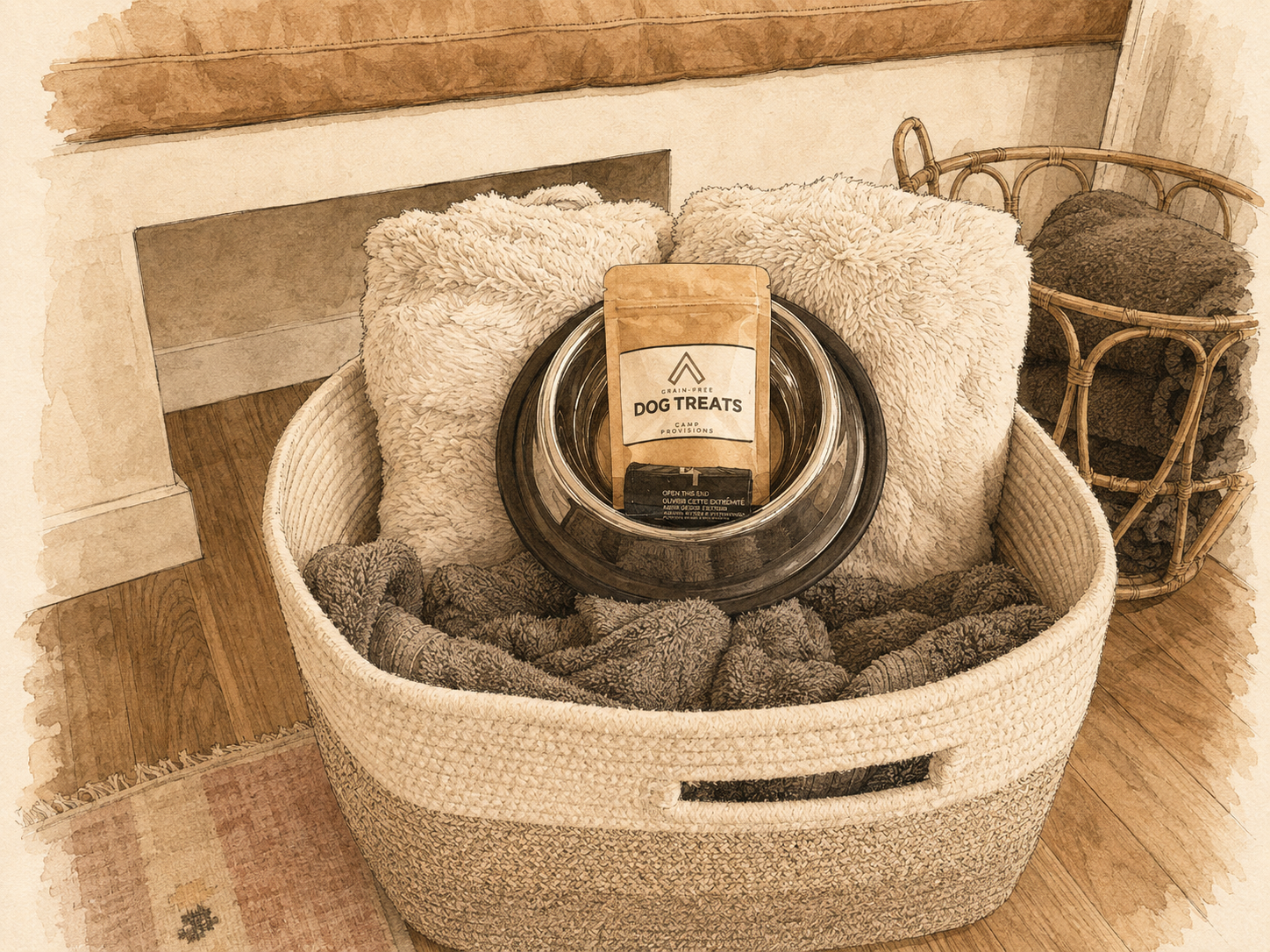 Dog in the fenced yard OR the dog basket with blanket & towels inside the cabin