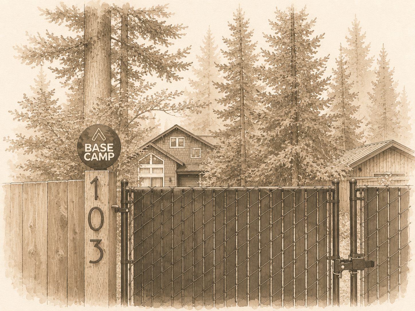 The Basecamp gate with the red BASECAMP logo, viewed from the street