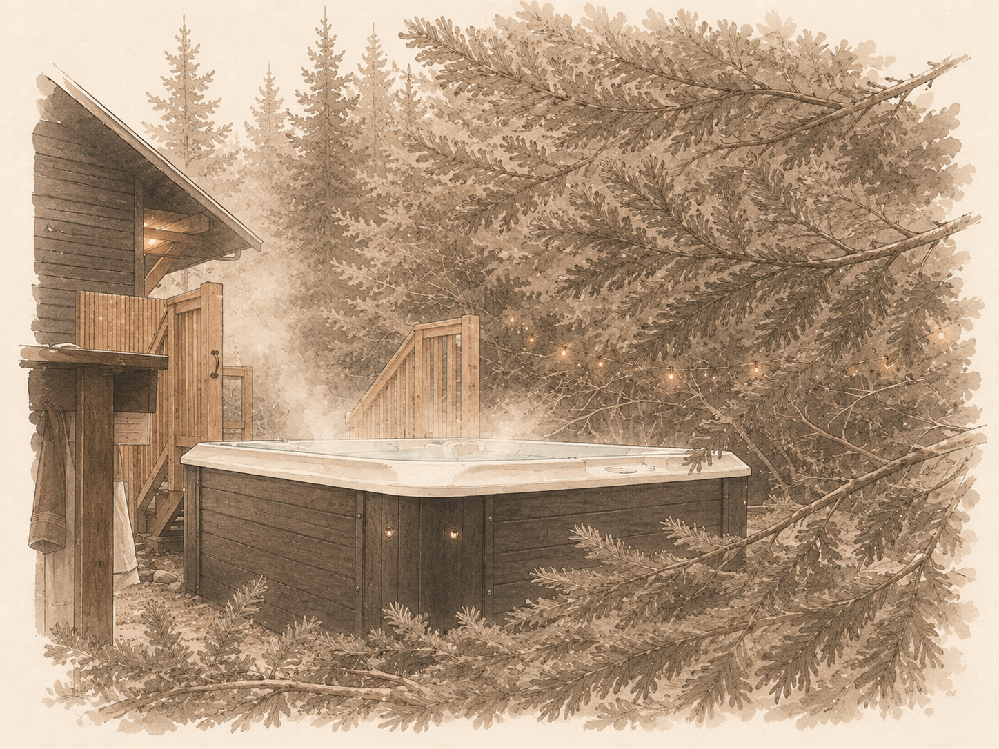 Hot tub in use at dusk — steam rising, deck lights on