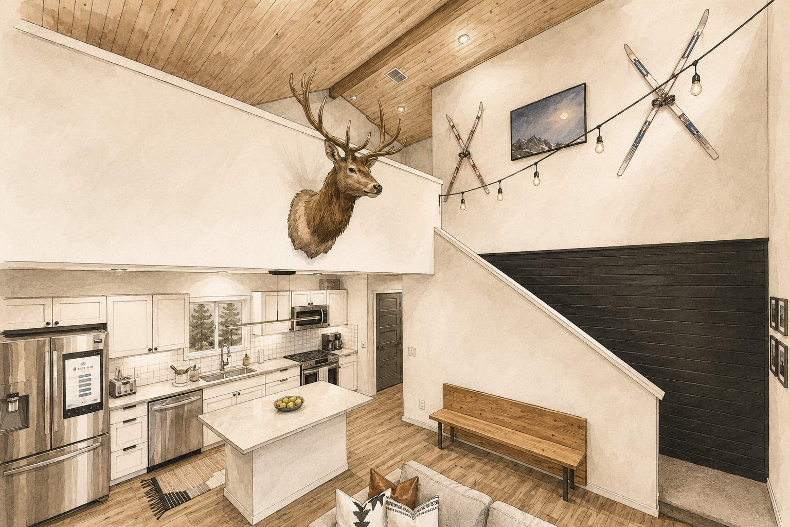 Living room wide shot showing the loft above with the bunks visible