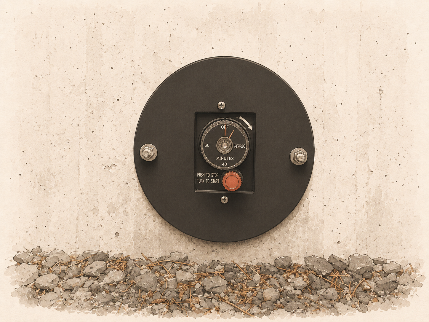 The concrete gas fire pit at Camp Commons — showing the red button and black dial