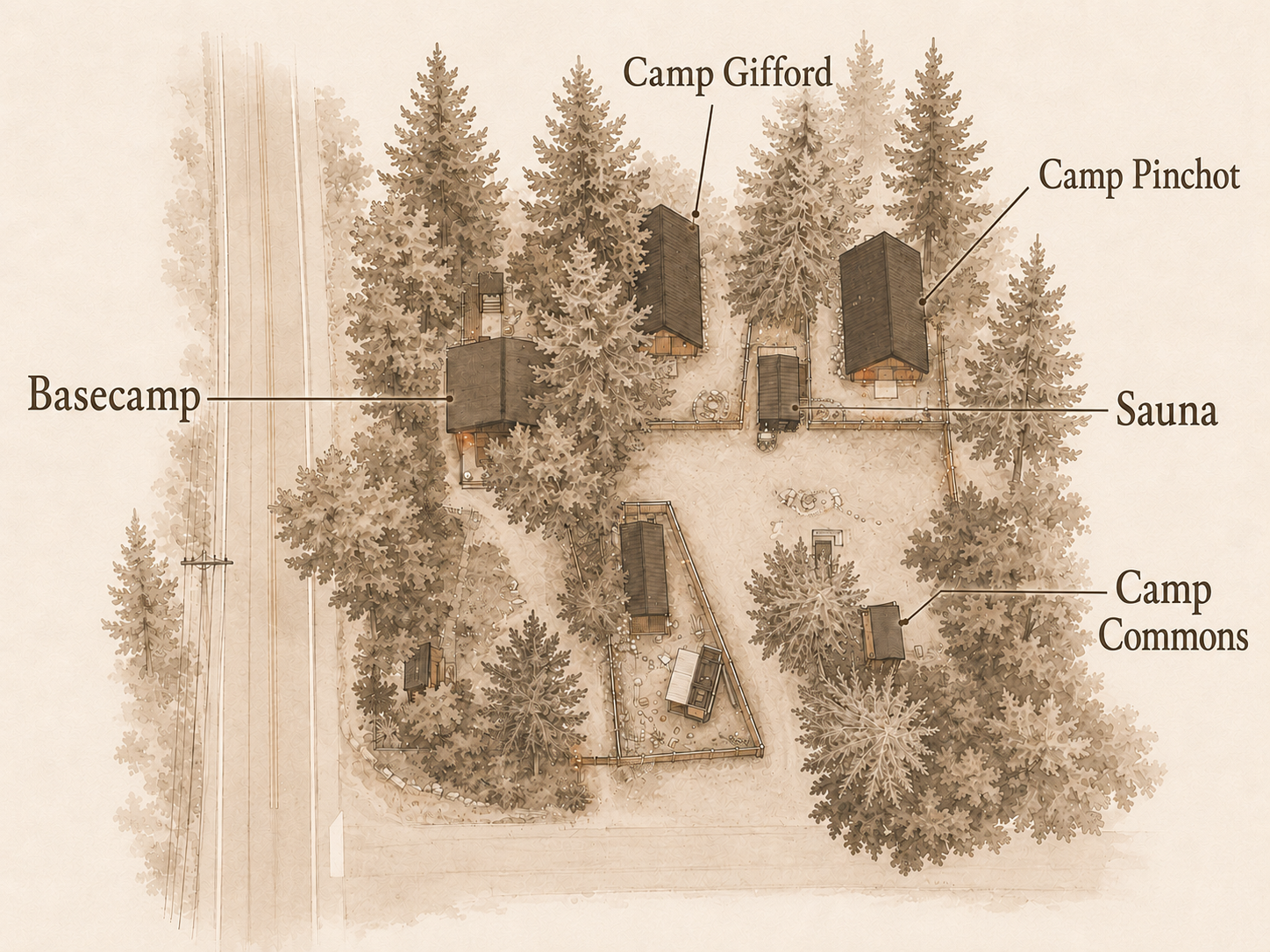 Overhead or wide shot showing Basecamp + Camp Commons + neighboring cabins with labels