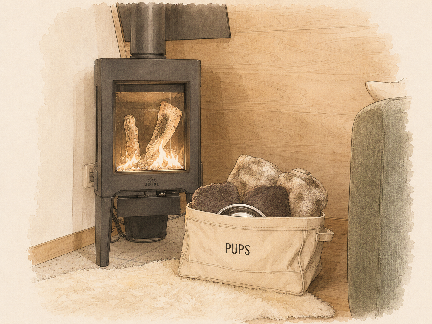 Dog basket with blanket & towels inside the cabin