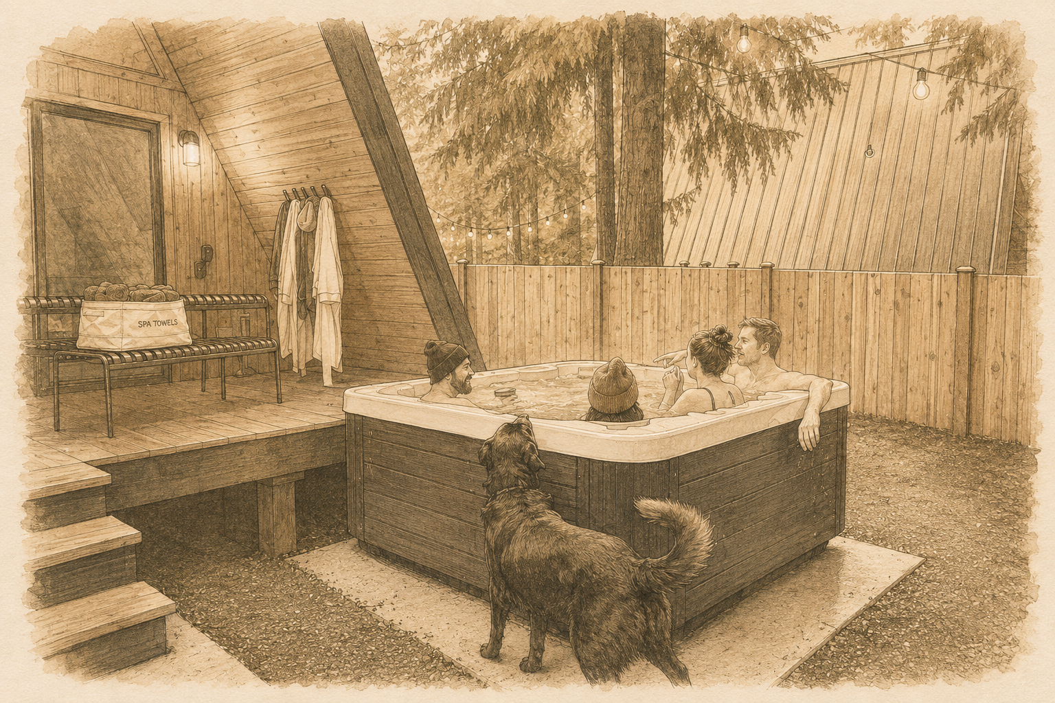 Hot tub off the back deck at Camp Pinchot — steam rising at dusk