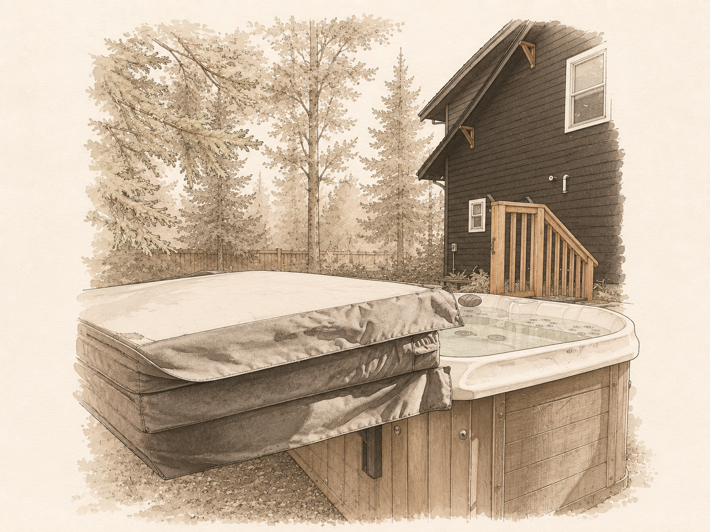 Hot tub cover being folded back, showing the safety latches